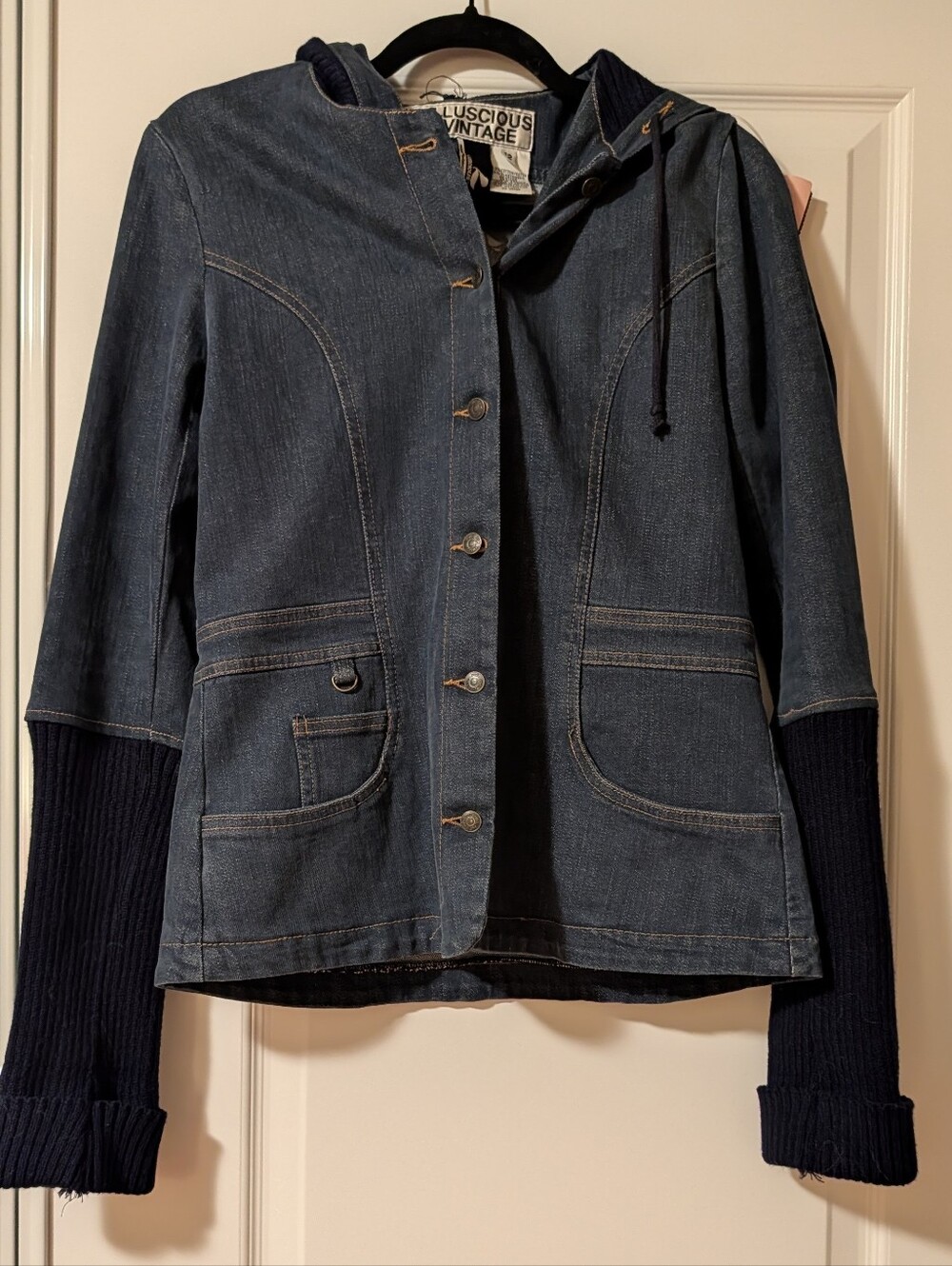 Vintage Y2K Luscious by Rebecca Ford Denim Mixed Media Hooded Jacket Size 12
